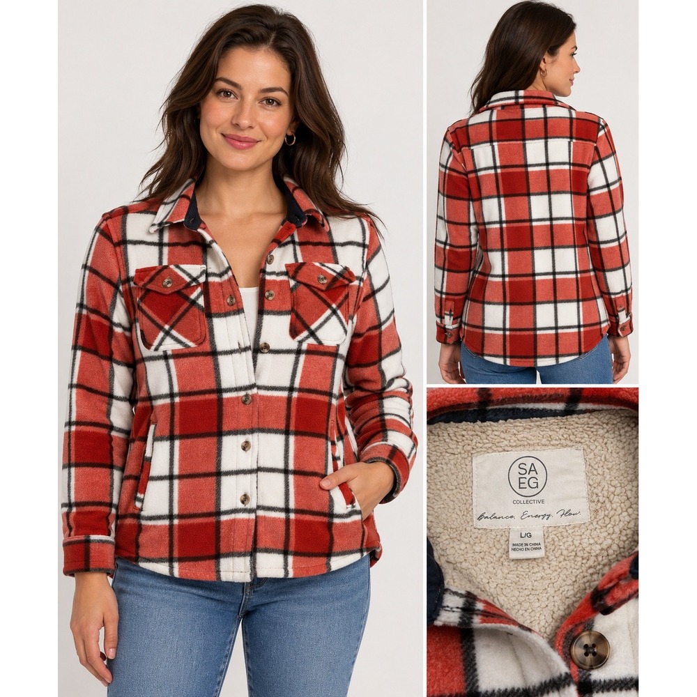 Sage Collective Plaid Shacket Women Large Red White Fleece Faux Fur Lined Jacket